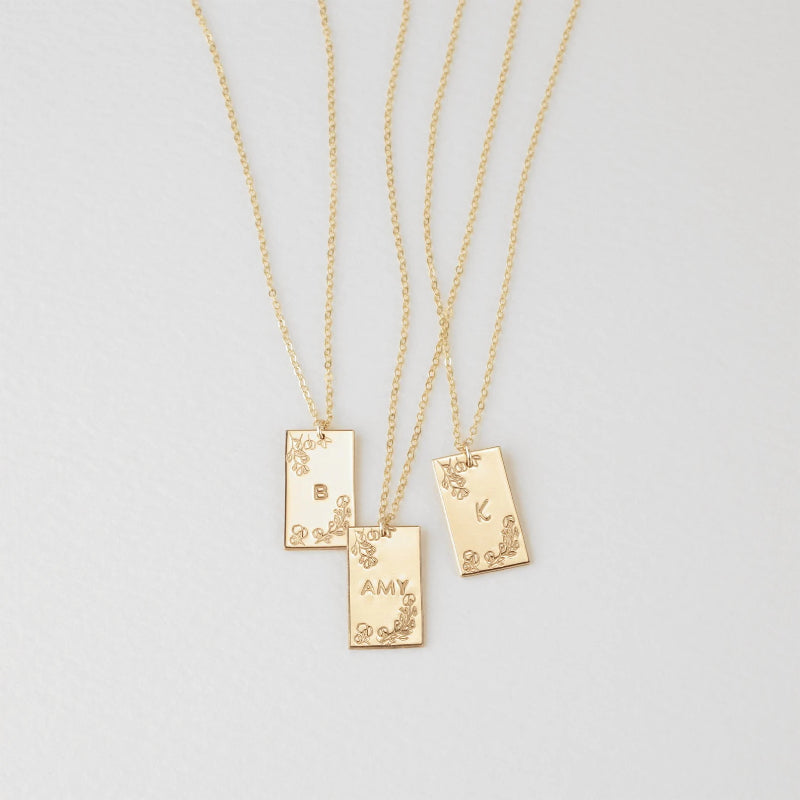 925 sterling silver necklace; custom initial rectangle pendant; gold necklace; leaf engraved necklace