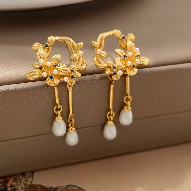 Flower Pearl Tassel Earrings