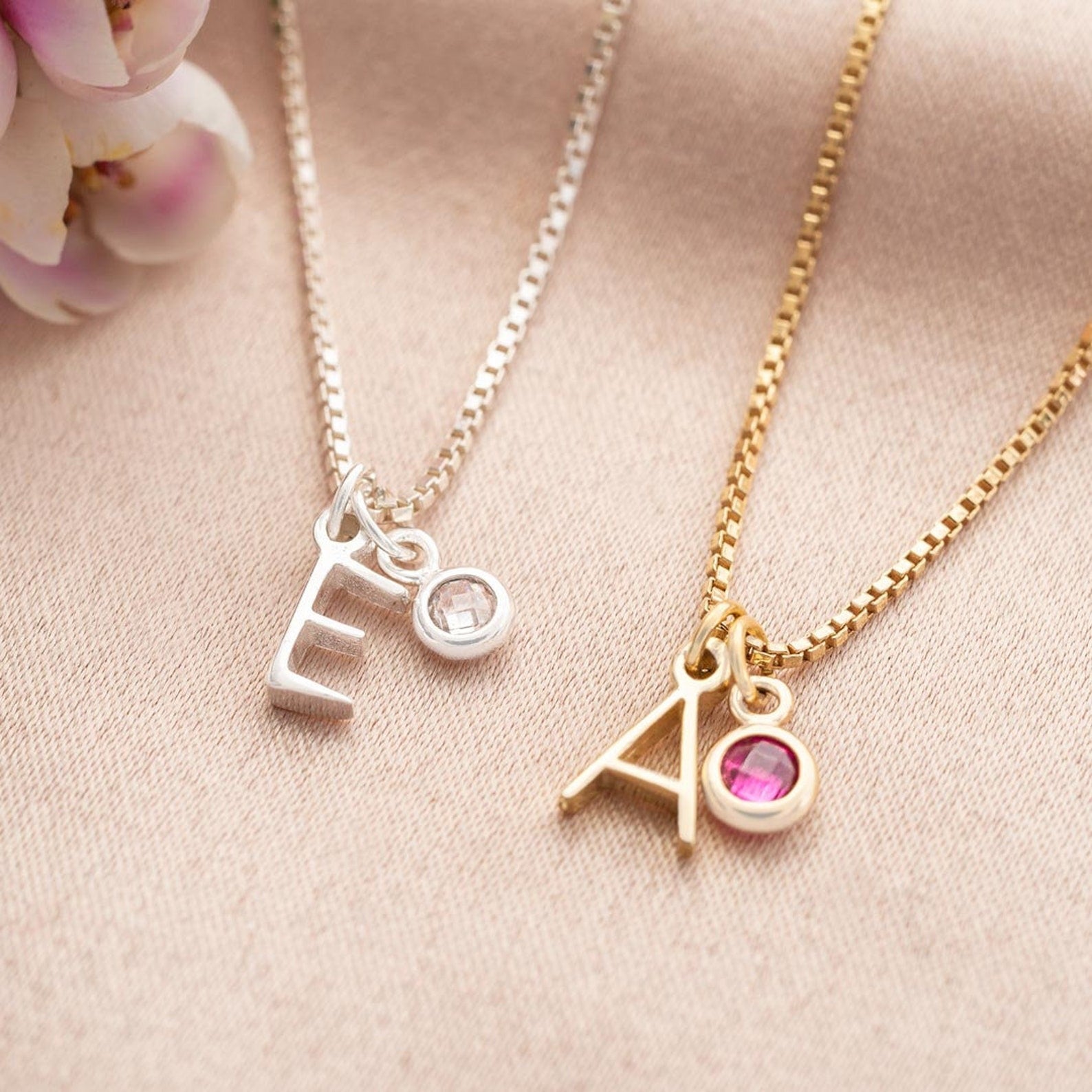 12colors birthstone，Sterling silver pendant，two charms with initial and birthstone, nice birthday gift for friends family， rose gold plated 