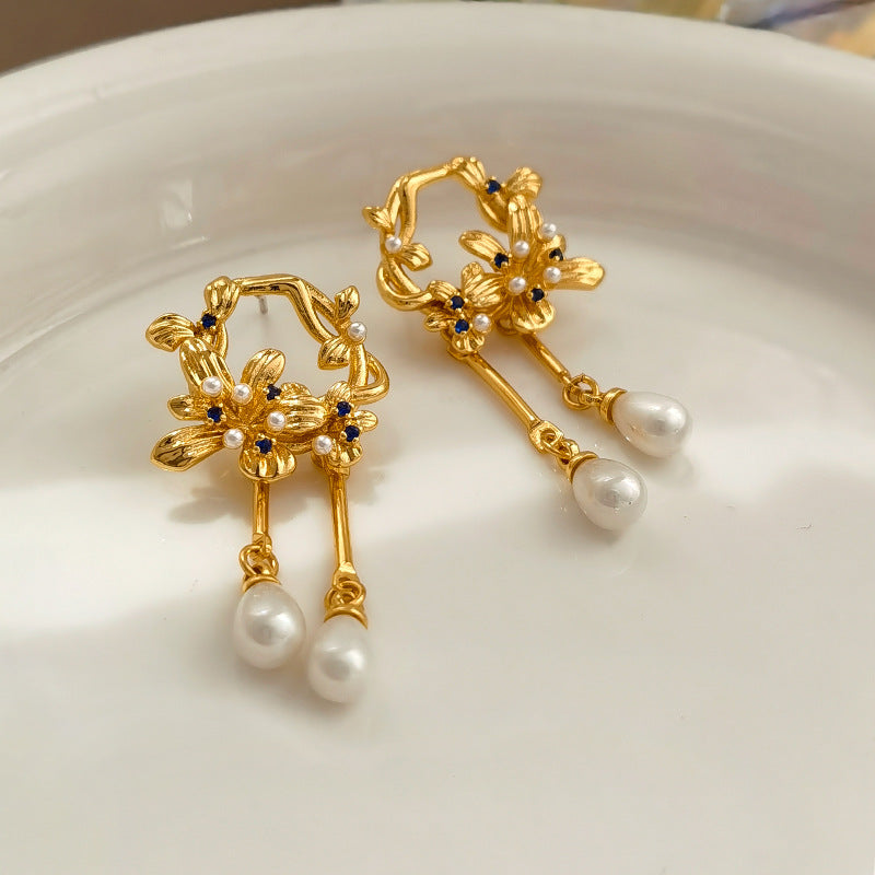 Flower Pearl Tassel Earrings