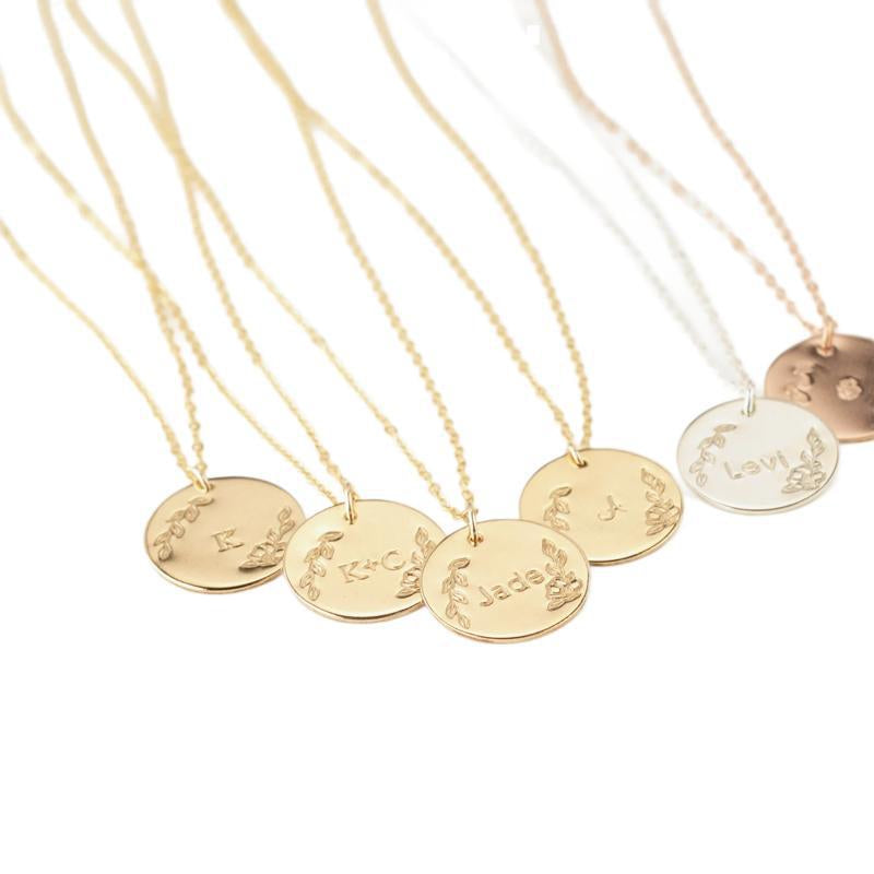 classic coin pendant; gold plated nameplate necklace; name engraved 