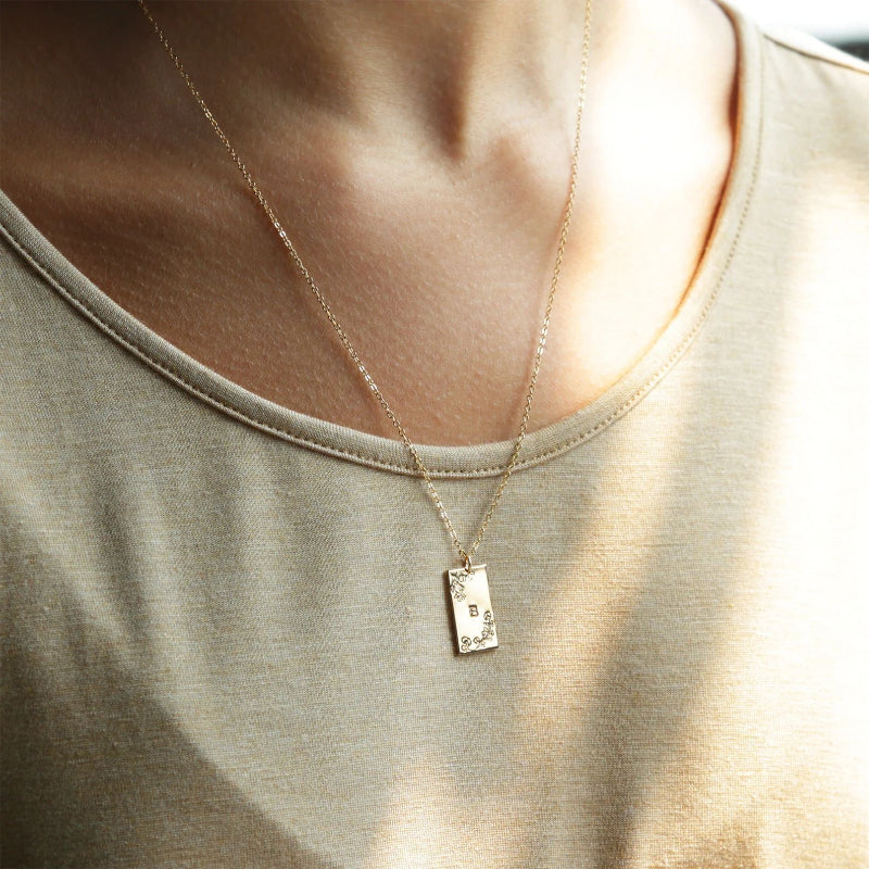 925 sterling silver necklace; custom initial rectangle pendant; gold necklace; leaf engraved necklace;